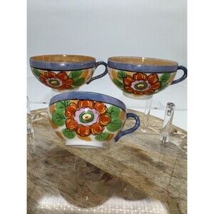 3 Hand Painted Lusterware Teacups Japan Orange Gold Blue Floral porcelain READ
